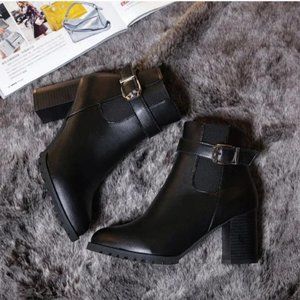 New Womens Martin Boots Sz 8 Black Side Zip Mid Calf Bootie Chunky Block Heels